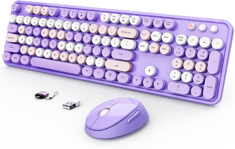 SkyGive Wireless Keyboard and Mouse Combo, Ergonomic Full Size Typewriter Retro Round Keycaps Keyboard, Compatible with Windows, PC, Perfer for Home and Office Keyboards (Purple - Image 1